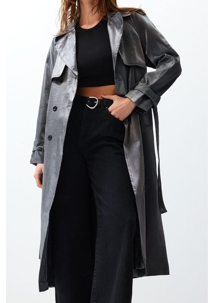 Kadın Moda Şık Oversize Ceket Yaka Uzun Düz Astarlı Oversize Geniş Kesim Kuşaklı Trençkot