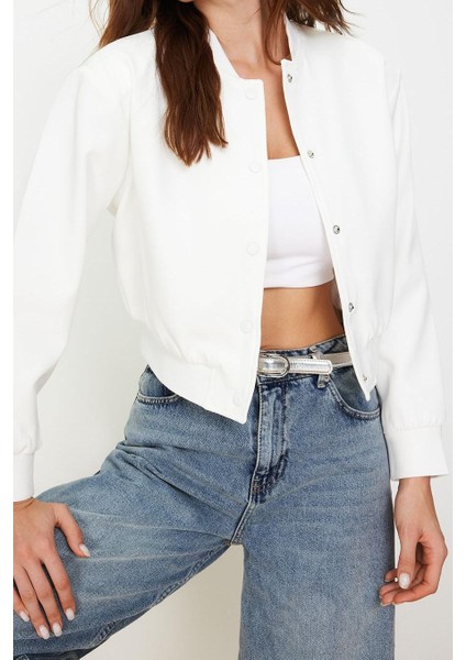 Tasarım Düz Astarlı Yaka Crop Bol Hakim Kadın Oversize Crop Ince Bomber Mont