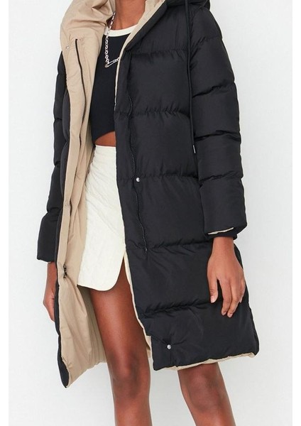 Kadın Moda Şık Regular Kapüşonlu Yaka Uzun Düz Çift Taraflı Kapüşonlu Su Itici Şişme Anorak Mont fiyatları