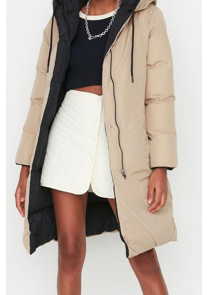 Kadın Moda Şık Regular Kapüşonlu Yaka Uzun Düz Çift Taraflı Kapüşonlu Su Itici Şişme Anorak Mont modelleri