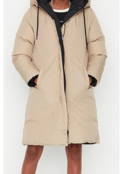 Kadın Moda Şık Regular Kapüşonlu Yaka Uzun Düz Çift Taraflı Kapüşonlu Su Itici Şişme Anorak Mont fırsatları