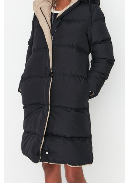 Kadın Moda Şık Regular Kapüşonlu Yaka Uzun Düz Çift Taraflı Kapüşonlu Su Itici Şişme Anorak Mont indirimleri