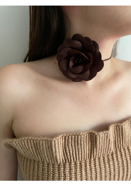 Bağcıklı Kumaş Çiçek Choker Kolye Gül Kolye