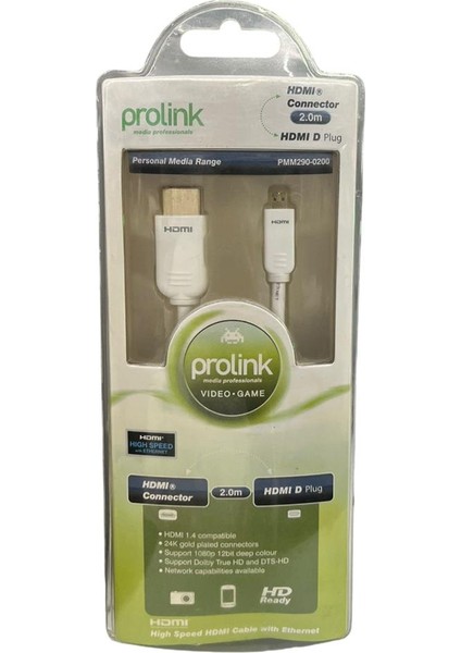 Prolink PMM290-0200 Yüksek Hızlı HDMI A - HDMI D(Mikro) Kablo + Ethernet, 2 Metre