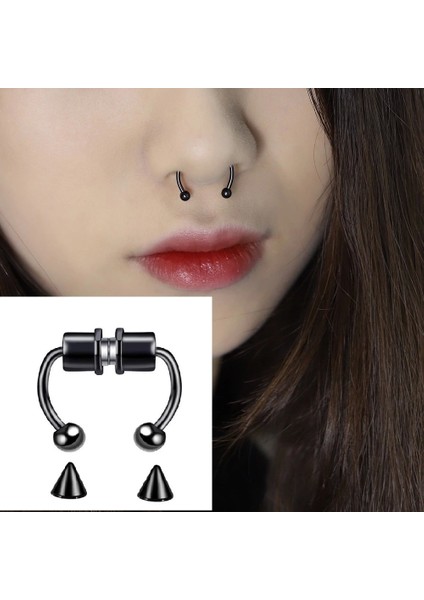 Pazar Durağı Siyah Mıknatıslı Fake Burun Piercing -Top ve Ok Uçlu Paslanmaz Septum Deliksiz Pirsing