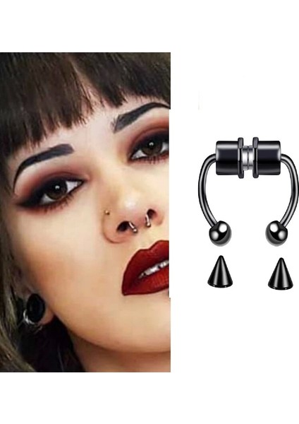 Pazar Durağı Siyah Mıknatıslı Fake Burun Piercing -Top ve Ok Uçlu Paslanmaz Septum Deliksiz Pirsing