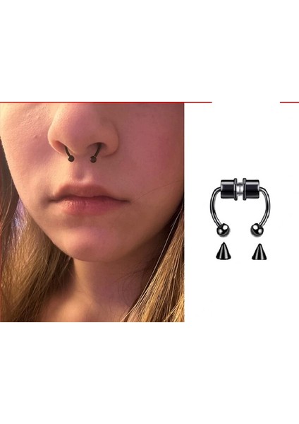 Pazar Durağı Siyah Mıknatıslı Fake Burun Piercing -Top ve Ok Uçlu Paslanmaz Septum Deliksiz Pirsing