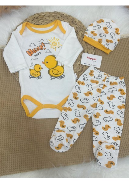 Ördek Baskılı Uniseks Bebek Çıtçıtlı Badili 3lü Takım 0-3/3-6 Ay