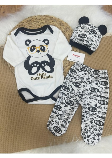 Panda Baskılı Çıtçıtlı Badili Uniseks Bebek 3lü Takım 0-3/3-6 Ay