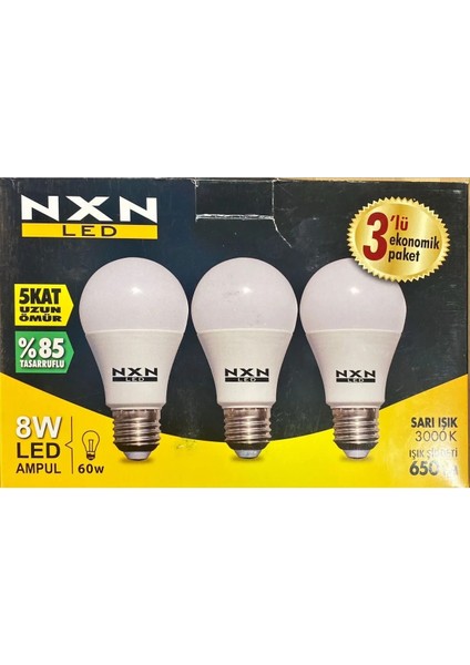 8 Watt LED Ampul-Sarı Işık (3'lü Paket)