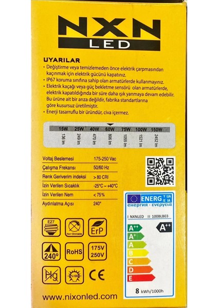 8 Watt LED Ampul-Sarı Işık (3'lü Paket)