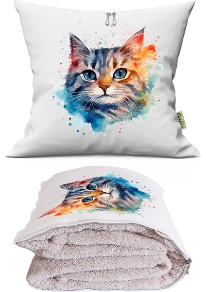 Renkli Kedi Baskılı Dekoratif Yastık Kırlent Opsiyonel Battaniye 2 In 1