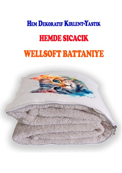 Renkli Kedi Baskılı Dekoratif Yastık Kırlent Opsiyonel Battaniye 2 In 1