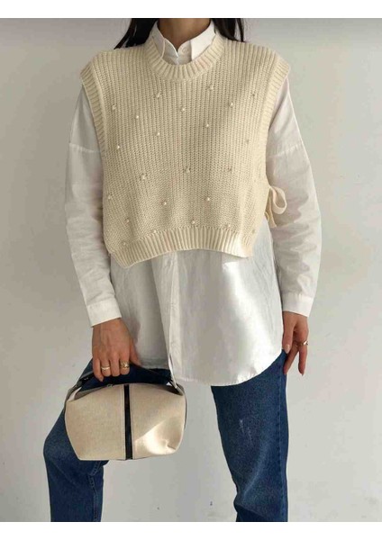 Kadın Krem Inci Detaylı Süveter