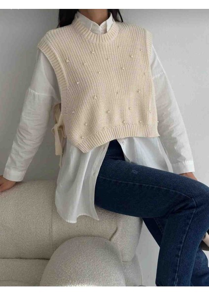 Kadın Krem Inci Detaylı Süveter modelleri