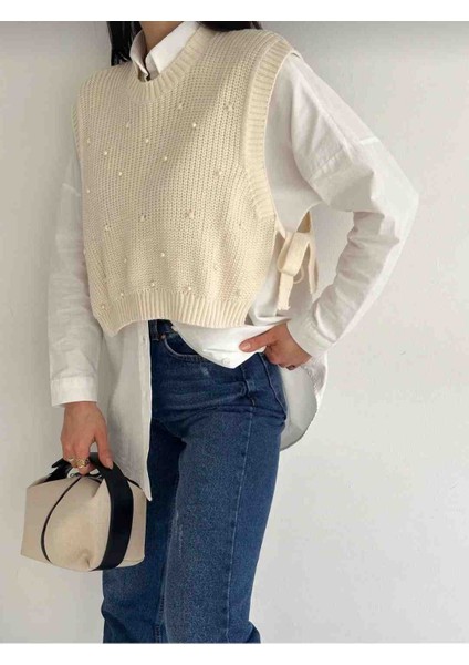 Kadın Krem Inci Detaylı Süveter indirimleri