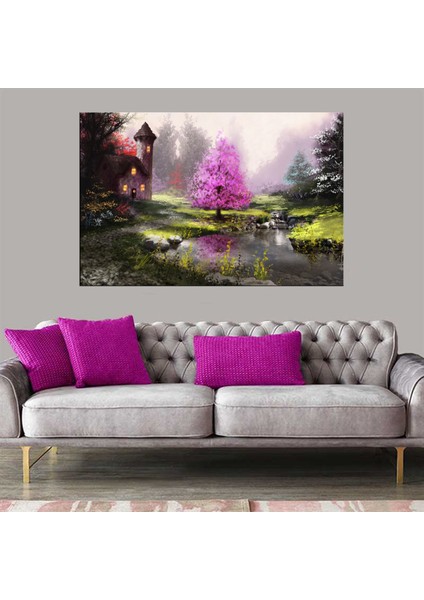 Exclusive Serie" Nehir, Pembe Ağaç ve Şato Kanvas Tablo