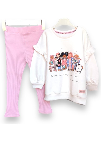Fırfırlı Omuz Detaylı Yumuşak Rahat Kalıp Kız Çocuk Taytlı Sweatshirt Takım