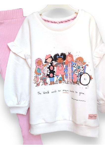 Fırfırlı Omuz Detaylı Yumuşak Rahat Kalıp Kız Çocuk Taytlı Sweatshirt Takım