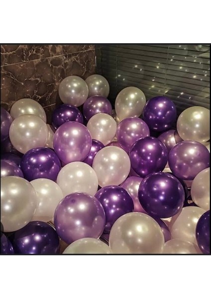 Mor Lila Gümüş Metalik Lüks Parlak Balon 10 Adet