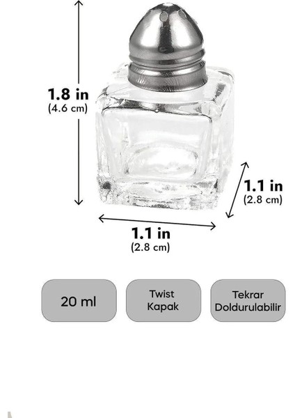 Kitchen Life Salty Cam 12'li Tuzluk mini Küp 6 Kişilik Tuzluk Karabiberlik 20 ml  - Seti Paslanmaz Çelik Kapak