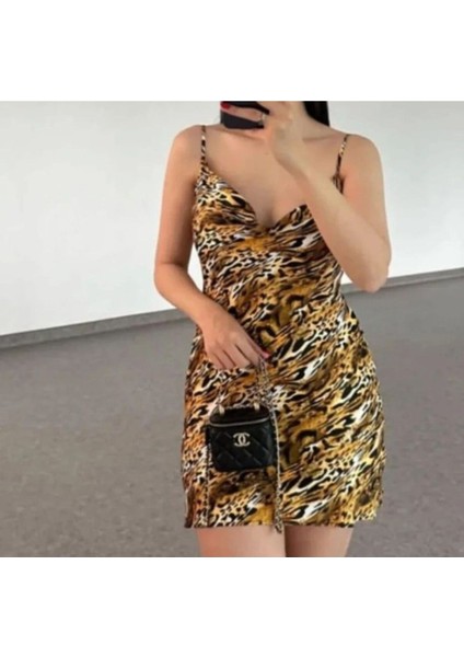 Leopar Desenli Askılı Elbise