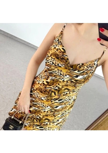 Leopar Desenli Askılı Elbise fiyatları