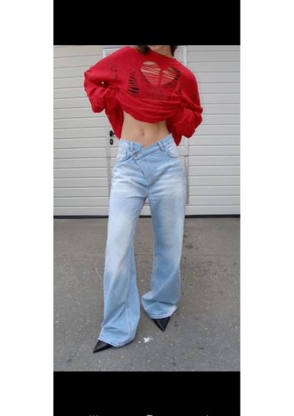 Wide Leg Yıkamalı Açık Mavi