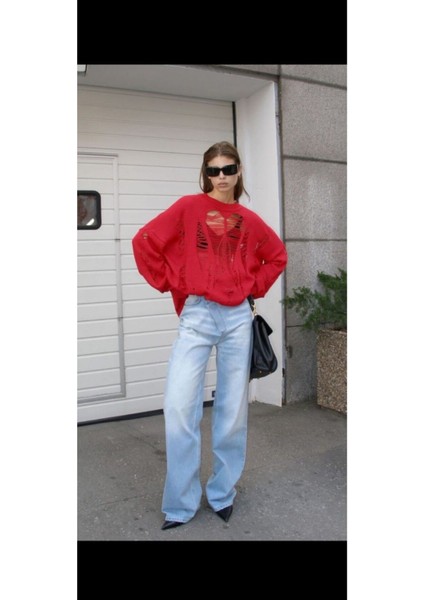 Wide Leg Yıkamalı Açık Mavi