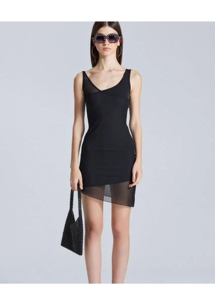 Tül Detay Kalın Askılı Elbise