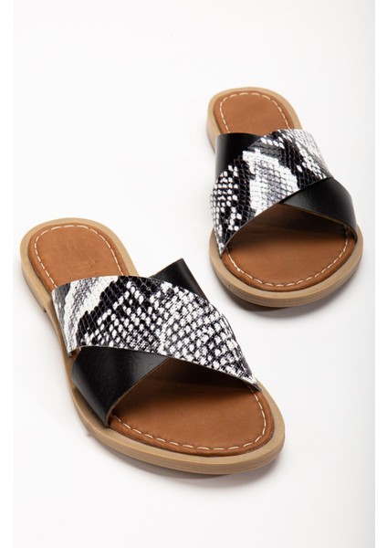 169-076 Siyah Ortopedik Deri Çapraz Bantlı Kadın Terlik modelleri