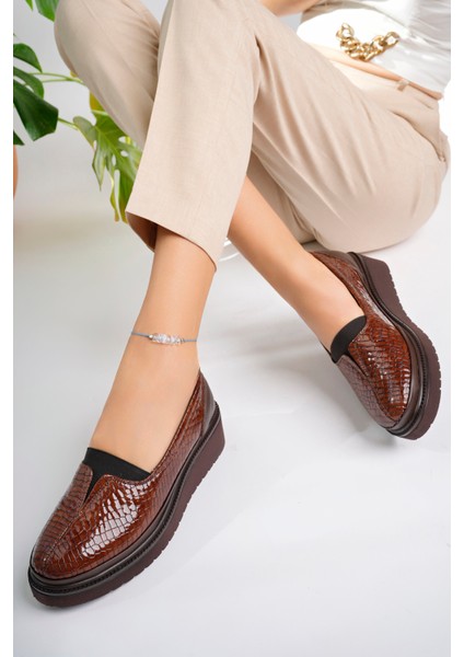 Kadın Hakiki Deri Kahve Kroko Comfort Ayakkabı