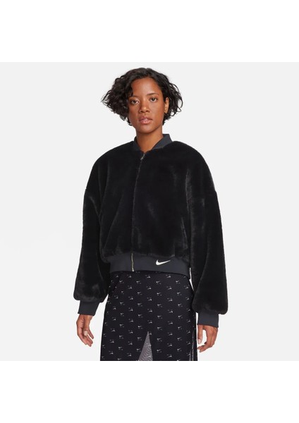 Sportswear Faux Fur Bombeer Kadın Siyah Tüylü Çift Taraflı Mont FB8692