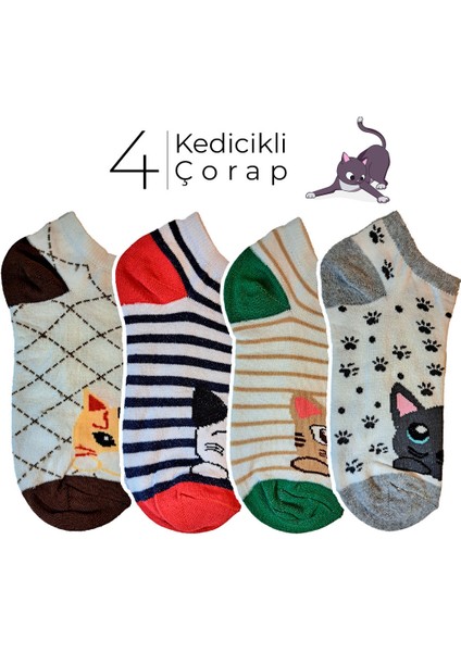 4 Çift Kedi Desenli Renkli Sneaker çorap, Sevimli Kedicik Yazlık Çorap