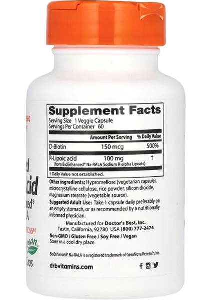Stabilized R-Lipoic Acid With Bioenhanced Na-Rala 100 Mg 60 Veggie Capsul fiyatları