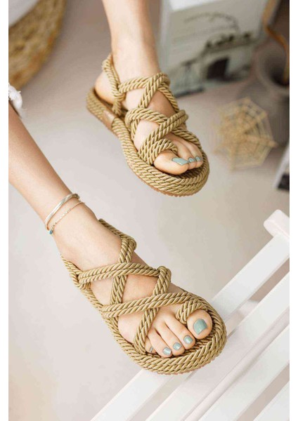 Hasır Halat Kadın Sandalet Altın