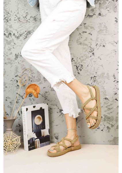 Hasır Halat Kadın Sandalet Altın fırsatları