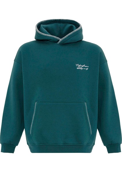 Yazı Detaylı Kapüşonlu Oversıze Swaetshırt Petrol