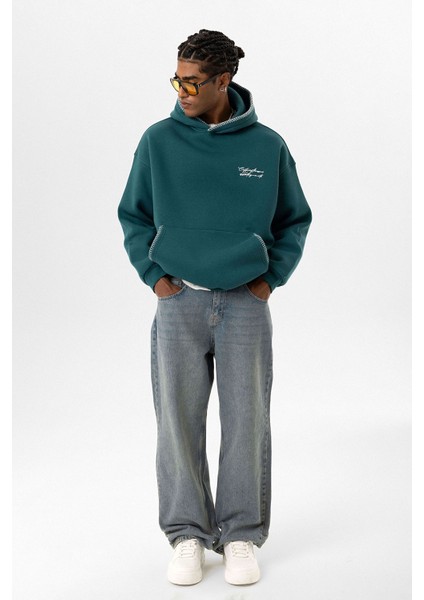 Yazı Detaylı Kapüşonlu Oversıze Swaetshırt Petrol modelleri