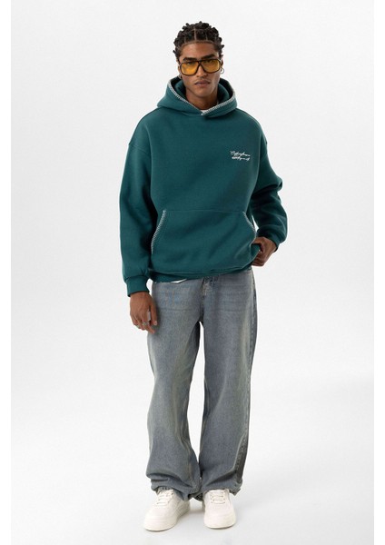 Yazı Detaylı Kapüşonlu Oversıze Swaetshırt Petrol fırsatları