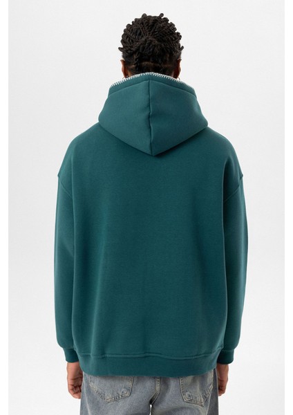 Yazı Detaylı Kapüşonlu Oversıze Swaetshırt Petrol indirimleri