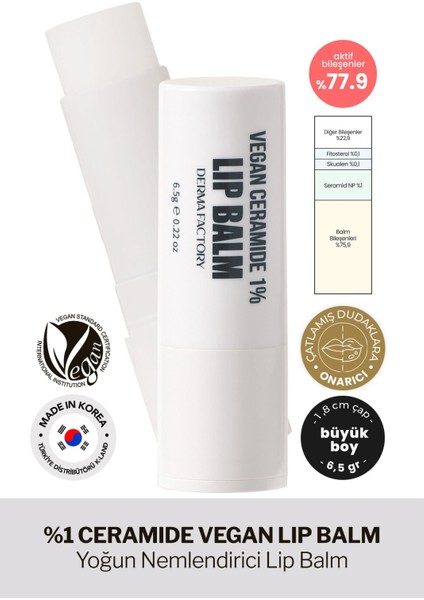 %1 Seramid Içeren Büyük Boy Yoğun Nemlendirici Dudak Balmı Derma Factory Vegan Ceramide Lip Balm