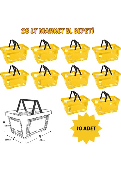 28 Litre Çift Saplı Market, Alışveriş Sepeti 10 Adet