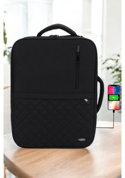 Siyah USB Aparatlı Fonksiyonel 15,6 Inç Laptop Sırt Çantası