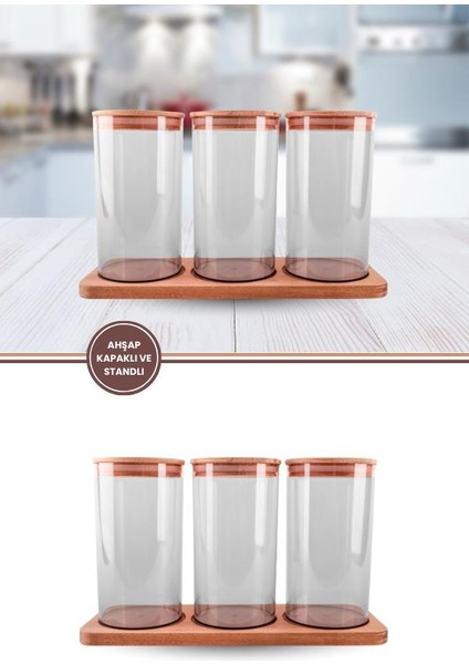 Doğal Ahşap Kapaklı 3'lü Antrasit Standlı ve Vakumlu Çay, Kahve, Şeker, Bakliyat Kavanoz Seti Mika 1 Lt modelleri