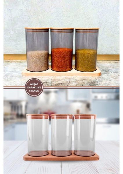 Doğal Ahşap Kapaklı 3'lü Antrasit Standlı ve Vakumlu Çay, Kahve, Şeker, Bakliyat Kavanoz Seti Mika 1 Lt fırsatları