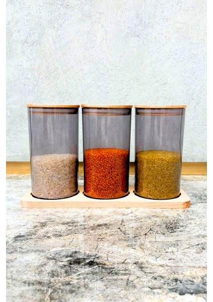 Doğal Ahşap Kapaklı 3'lü Antrasit Standlı ve Vakumlu Çay, Kahve, Şeker, Bakliyat Kavanoz Seti Mika 1 Lt fiyatları