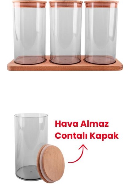 Doğal Ahşap Kapaklı 3'lü Antrasit Standlı ve Vakumlu Çay, Kahve, Şeker, Bakliyat Kavanoz Seti Mika 1 Lt indirimleri