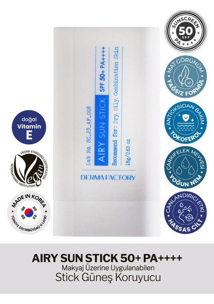 Yağlı ve Karma Ciltler Için Mat Stick Güneş Koruyucu Derma Factory Airy Sun Stick Spf 50+ Pa++++