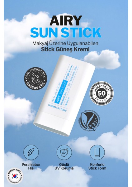 Yağlı ve Karma Ciltler Için Mat Stick Güneş Koruyucu Derma Factory Airy Sun Stick Spf 50+ Pa++++